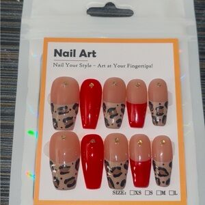 10 PC Hand Crafted Leopard & Red French Nails NWT